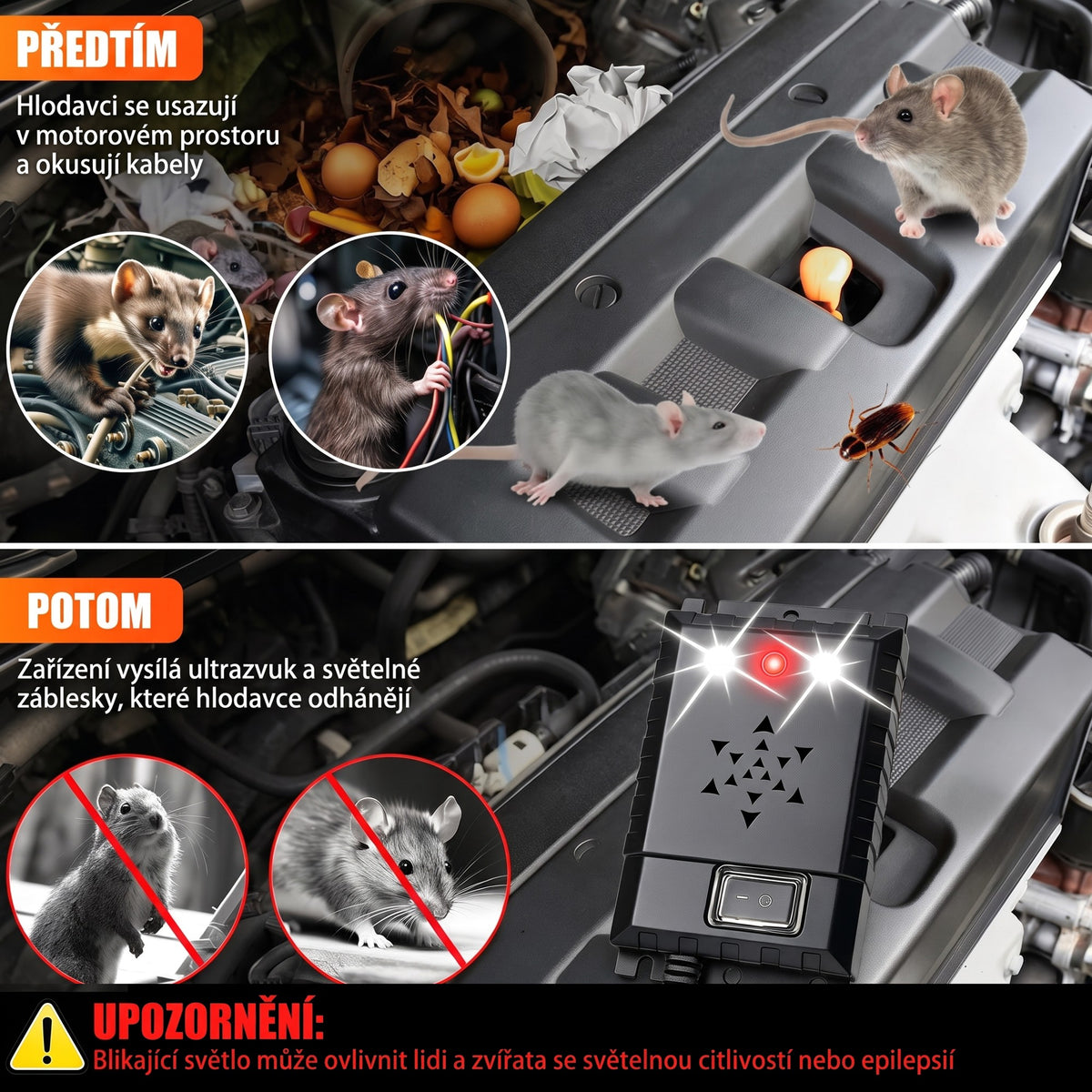 Motorový prostor před a po nasazení odpuzovače kun a hlodavců