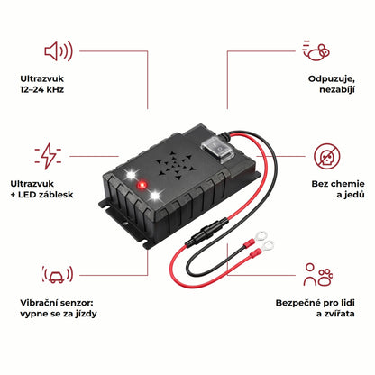 Vlastnosti SHØK PRO 12V – ultrazvuk 12–24 kHz, LED záblesk, vibrační senzor, bez chemie