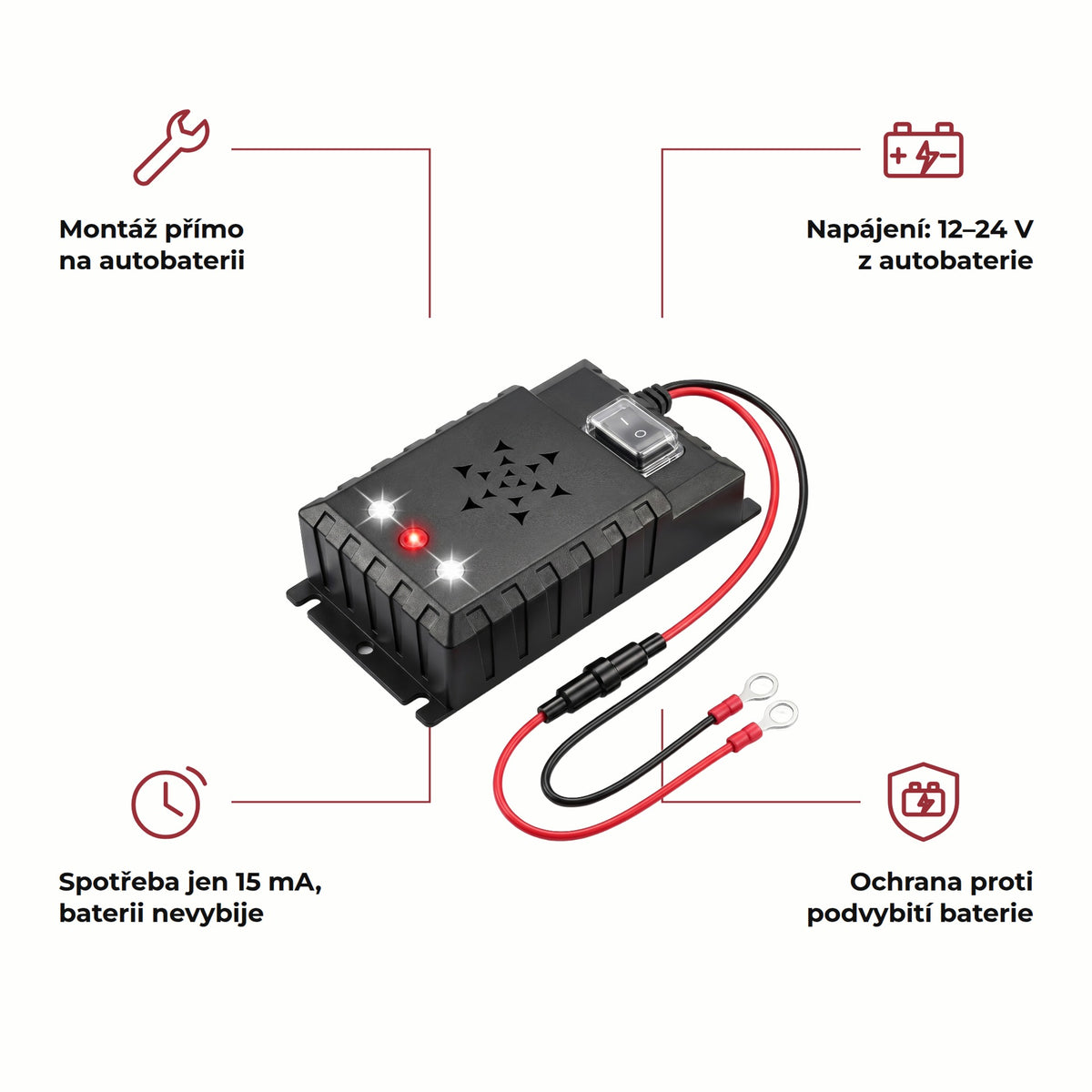 Napájení z autobaterie 12–24 V, montáž a spotřeba 15 mA
