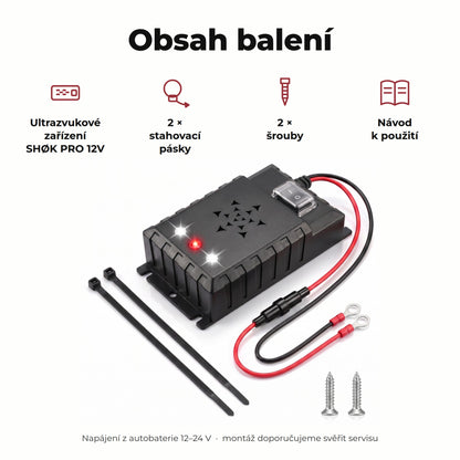Obsah balení – zařízení SHØK PRO 12V, 2× stahovací pásky, 2× šrouby, návod